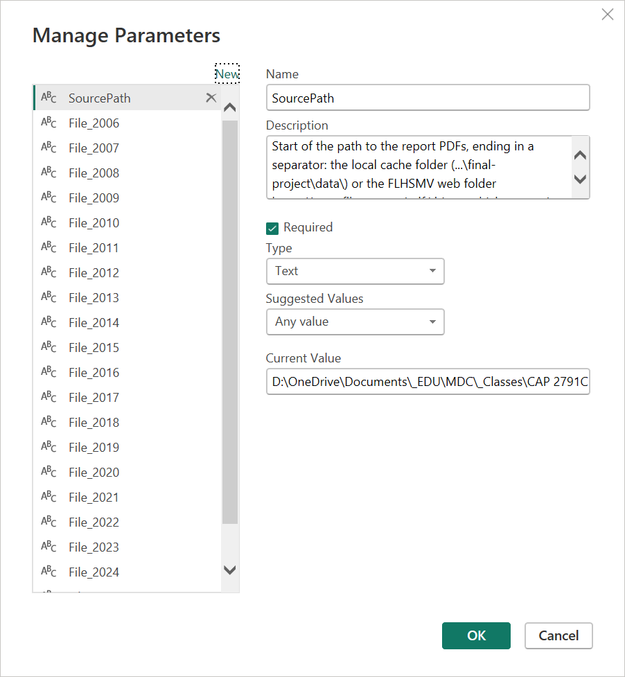 Manage Parameters dialog with SourcePath selected: type Text, required, with a description naming the local folder and the FLHSMV web folder.